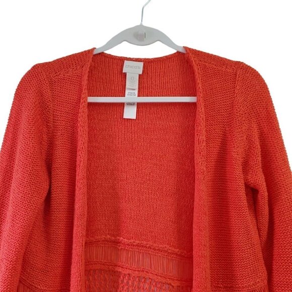 Chicos Fringe Cardigan Sweater‎ 0 Small Orange Tassel Boho Crochet Open Front - Picture 2 of 11